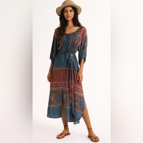 Sundance La Villette Midi Dress - Silky Texture - Boho Blue/Burgundy - Sz Medium - Picture 1 of 14